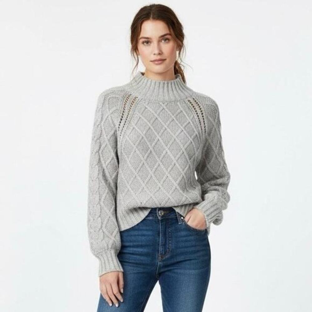 American Eagle Cable Knit Mock Neck Sweater Womens‎ S Gray Cotton Cozy Nordic
